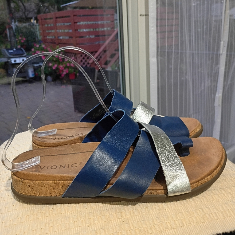 Vionic Navy and Silver Leather Slide Sandals.Like New - Picture 3 of 7